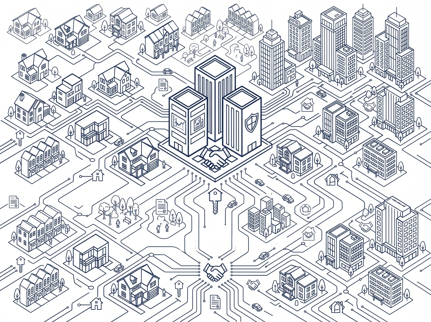 Network of residential, commercial, and business properties connected through a secure escrow transaction